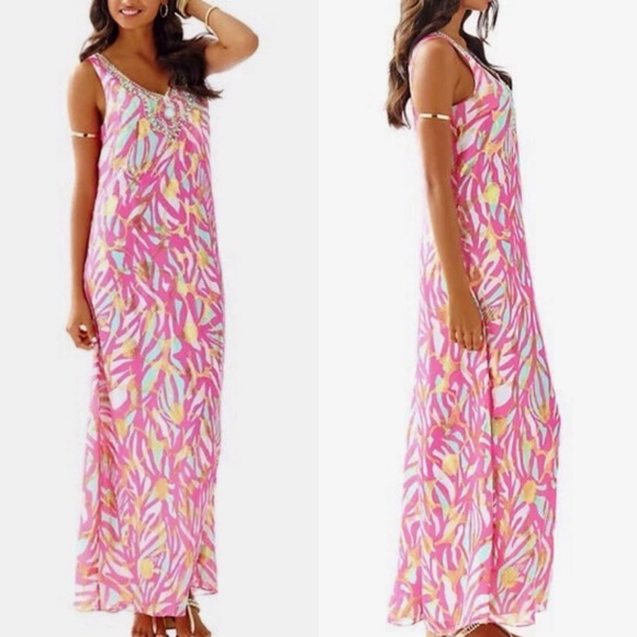 LILLY PULITZER Mallory Beaded Silk Maxi Dress Pink Papaya - Picture 2 of 7